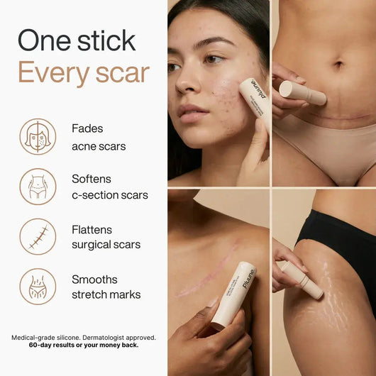 Pluune scar stick used on face, abdomen, chest, and thigh to treat scars and stretch marks