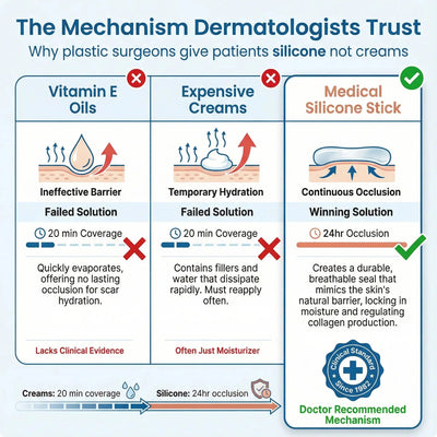 Infographic comparing Vitamin E oils, expensive creams, and medical silicone sticks for scar care, highlighting silicone stick's 24-hour continuous occlusion as the doctor-recommended solution on a Pluune branded background.