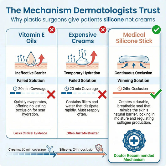 Infographic comparing Vitamin E oils, expensive creams, and medical silicone sticks for scar care, highlighting silicone stick's 24-hour continuous occlusion as the doctor-recommended solution on a Pluune branded background.